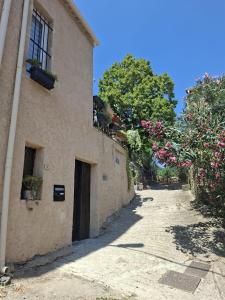 an alley with a building with flowers on the side at Merozzini in Moltifao