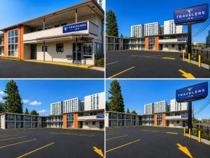 four different views of a hotel with a parking lot at Travelers Inn Eugene University in Eugene