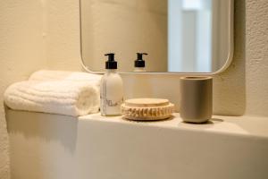 a bathroom sink with a bottle of soap and a mirror at BlackBrick Gardens in Cape Town