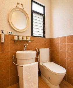 a bathroom with a toilet and a sink and a mirror at 日月潭 讀好聚民宿 2-22人 一次只接待一組 in Yuchi +35 photos
