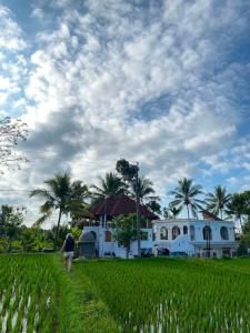 a woman walking through a field in front of a house at Tetebatu Sunset House in Tetebatu