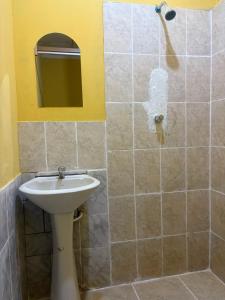 a bathroom with a sink and a mirror at Welcome to the Amazon in Iquitos +7 photos