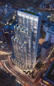 an overhead view of a tall building in a city at Filmores Hotel in Toronto