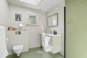 a white bathroom with a toilet and a sink at Luxury Retreat Surrounded By Nature in Rønde +18 photos