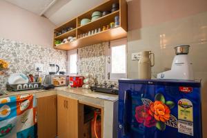 a kitchen with a refrigerator and a counter top at Blume House- 4BHK Holiday Home with Kitchen & Garden in Srinagar