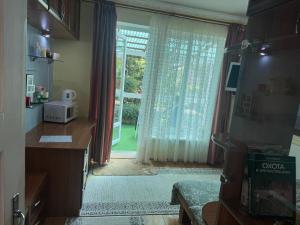 a room with a door with a window with curtains at Зелена Вілла -басейн,тераса, квіти, сад in Uzhhorod