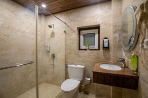 a bathroom with a toilet and a sink and a shower at TSG Aura in Neil Island +34 photos
