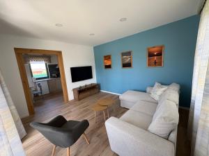 a living room with a couch and a tv at Levendula Apartman in Buzsák