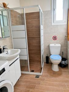 a bathroom with a shower with a toilet and a sink at EuZoea Country Home 2 Nature Escape with Pool in Kapandrítion +28 photos
