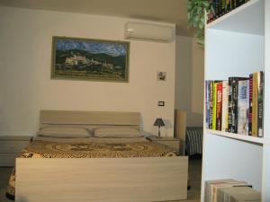 a bedroom with a bed and a book shelf with books at Appartamento open space al civico 29 in Collestrada