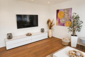 a living room with a tv on a white wall at Swiss Horizon - Mythenblick - Modern 100m2 mit Alpenblick und Terrassen in Hinwil