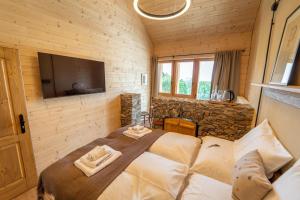 a bedroom with a bed and a flat screen tv at Eidenberger's Herberge in Eidenberg