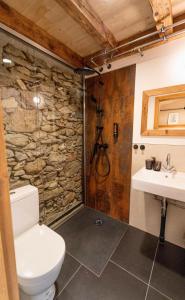 a bathroom with a shower and a toilet and a sink at Eidenberger's Herberge in Eidenberg +48 photos