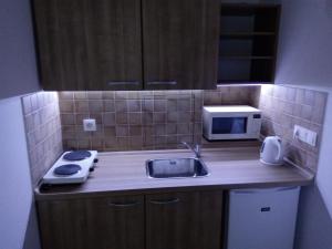 una pequeña cocina con fregadero y microondas en Apartment LULU, en Štrbské Pleso