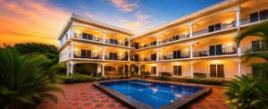 an exterior view of a building with a swimming pool at Morjim Sunset Guesthouse- Apartments with Kitchen & AC Rooms in Morjim