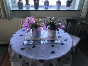 a table with two buckets of flowers on it at FLC Rooms in Rødby