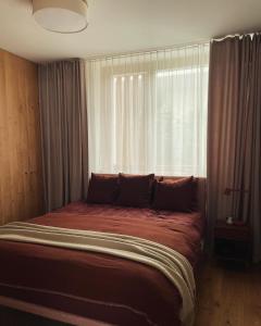 a bedroom with a large bed in front of a window at Casa Rok in Flims