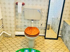 a bathroom with a toilet with a wooden seat at Cozy Grays Apartment in Grays Thurrock +9 photos