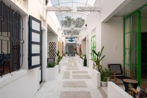 a corridor of a building with plants and a ceiling at An Du Boutique Stay in Dong Hoi