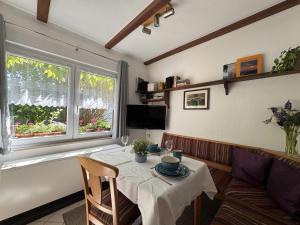 a living room with a table and a couch and a television at Ferienhaus Klöber in Lichtenhain