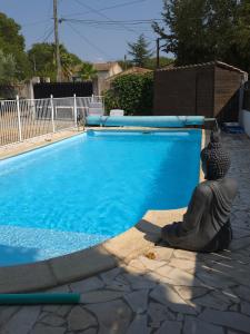 a statue of a mermaid sitting next to a swimming pool at Le chalet de la tranquillité ! in Parignargues