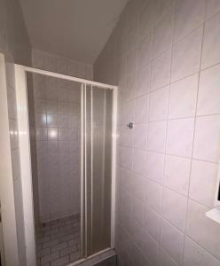 a shower with a glass door in a bathroom at Hostinec U Havlů in Olomouc +13 photos