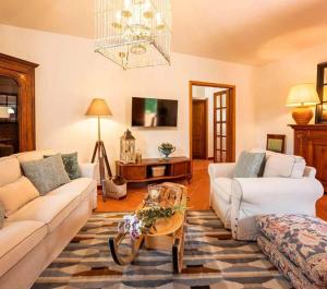 a living room with two white couches and a table at Apartment Olearum in Panzano