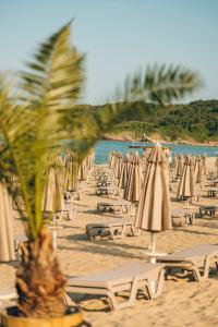 a row of beach chairs and umbrellas on a beach at Green Life Apartments Sozopol in Sozopol