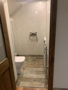 a small bathroom with a toilet and a shower at The Old Smithy in Langsett +11 photos