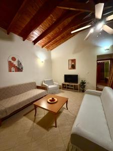 a living room with a couch and a table at Blue Horizon Makri in Alexandroupoli