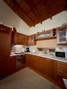 a large kitchen with wooden cabinets and appliances at Blue Horizon Makri in Alexandroupoli