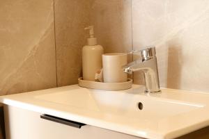 a bathroom sink with a soap dispenser and a mirror at Sakų Apartamentai in Varėna +16 photos