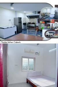 two pictures of a kitchen with a refrigerator at Sai Residency in Pallineriyanur