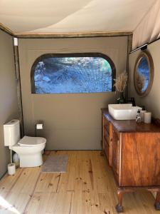 a bathroom with a toilet and a sink in a camper at Ontevreden Farm in Montagu +19 photos