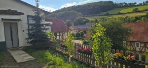 a house with a fence and flowers in a village at Meyers FeWo - Hüddingen in Reinhardshausen