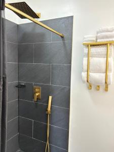 a bathroom with a shower with black tiles at Tranquil Suite Studio in Wilson