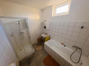 a bathroom with a shower and a tub and a toilet at Harmónia Aqua Vendégház in Somogysárd