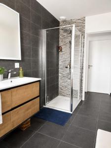 a bathroom with a shower and a sink at Beautiful, modern room in Saint-Paul-de-Varax