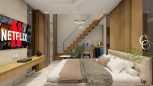 a bedroom with a bed and a staircase at Hotel Vaarya Inn in Lucknow +18 photos