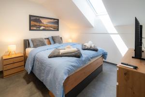 a bedroom with a bed with blue sheets and a television at Vila Trta in Moravske-Toplice