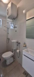 a white bathroom with a toilet and a sink at Hrstich Apartments in Drasnice +67 photos