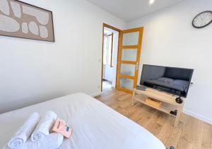 a bedroom with a bed and a television and towels at Studio Cosy Pont-Saint-Maxence in Pont-Sainte-Maxence