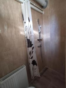 a shower curtain with a flower pattern in a bathroom at LŰN Apartman in Dunaföldvár