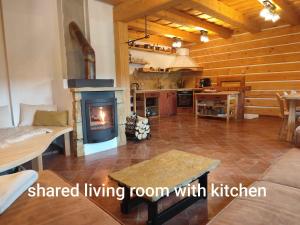 a living room with a fireplace and a kitchen at Roubenka Skalnička in Adršpach