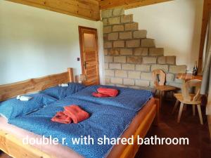 a bedroom with a blue bed with shared bathroom at Roubenka Skalnička in Adršpach