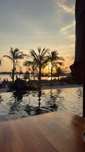 a swimming pool with palm trees and a sunset at Chalet de luxe in Uxelles
