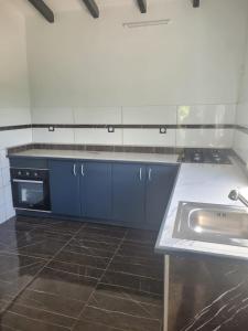 a kitchen with blue cabinets and a sink at Entre terre et ciel in Baie-Mahault