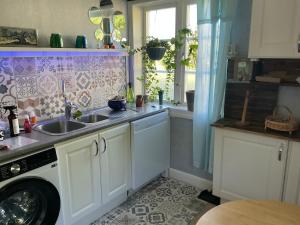 a kitchen with a sink and a washing machine at Charming, quiet apartment in Kvissleby +29 photos