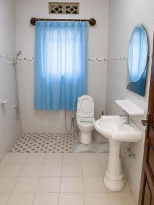 a bathroom with a toilet and a sink and a blue shower curtain at The Gathering in Kigali