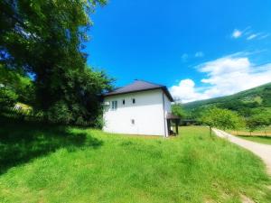 a white building in the middle of a grassy field at Family Nature Escape in Malešići